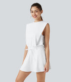 Airy Round Neck Sleeveless Drawstring InstantCool 2-Piece Mini Workout Active Dress with Pockets — White — view 3