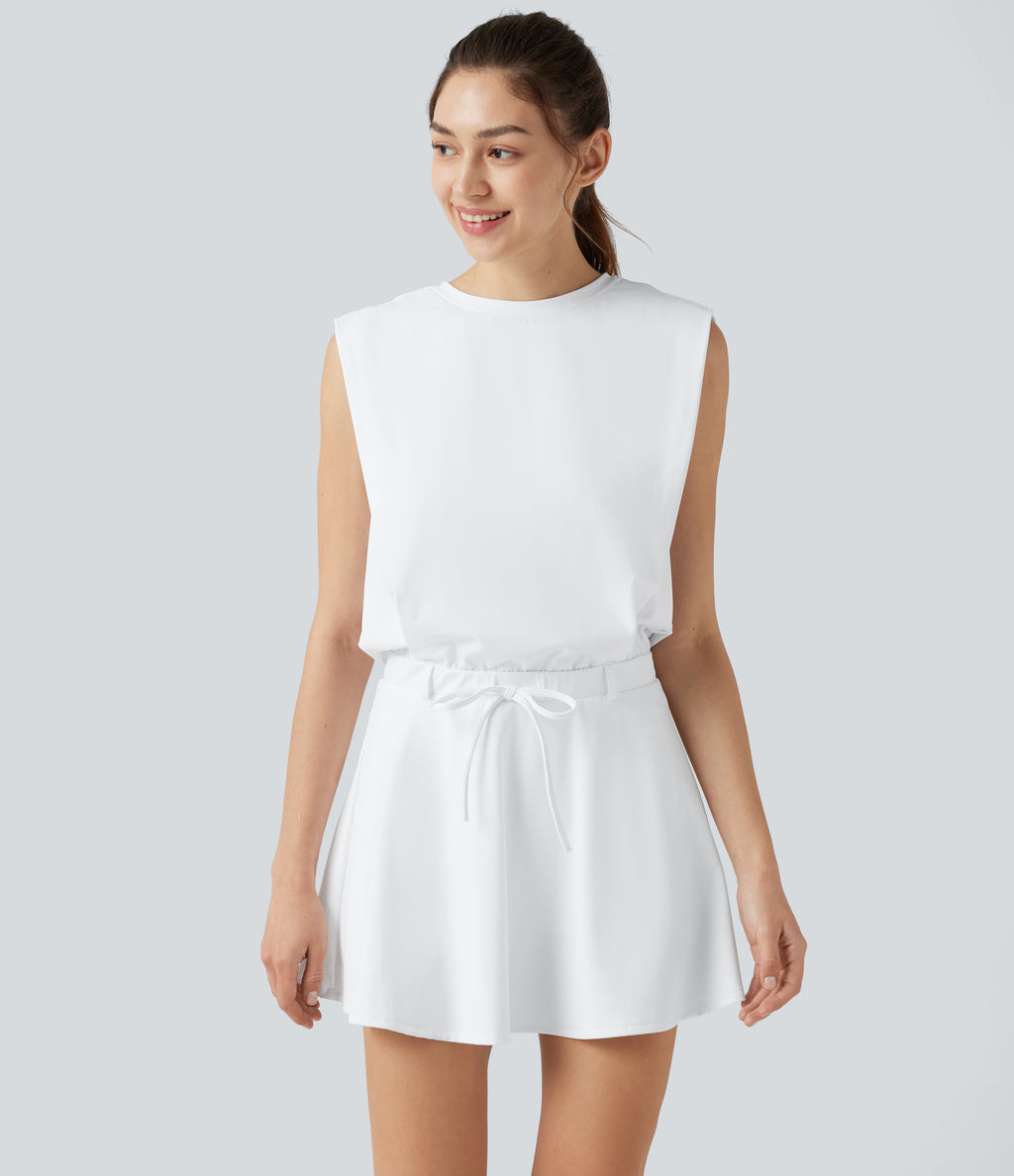 Airy Round Neck Sleeveless Drawstring InstantCool 2-Piece Mini Workout Active Dress with Pockets — White — view 7