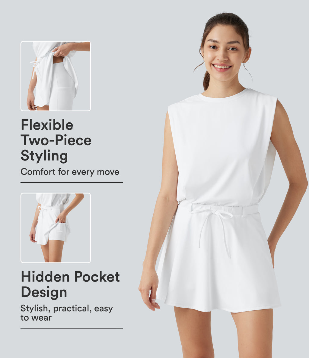 Airy Round Neck Sleeveless Drawstring InstantCool 2-Piece Mini Workout Active Dress with Pockets — White — view 1