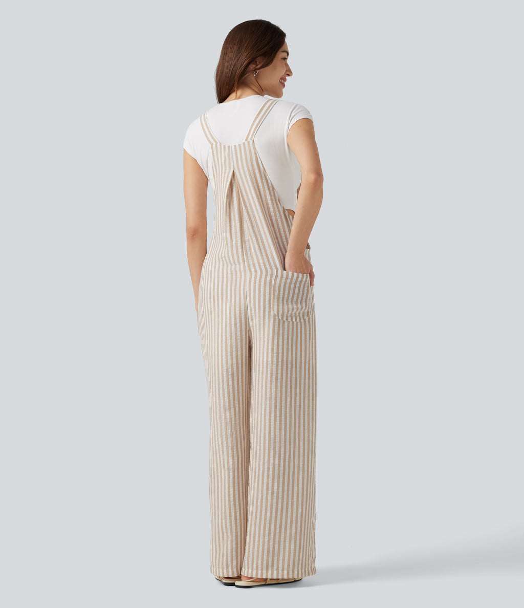 Stripe Casual Linen-Feel Dungarees with Pockets — Oatline — view 2