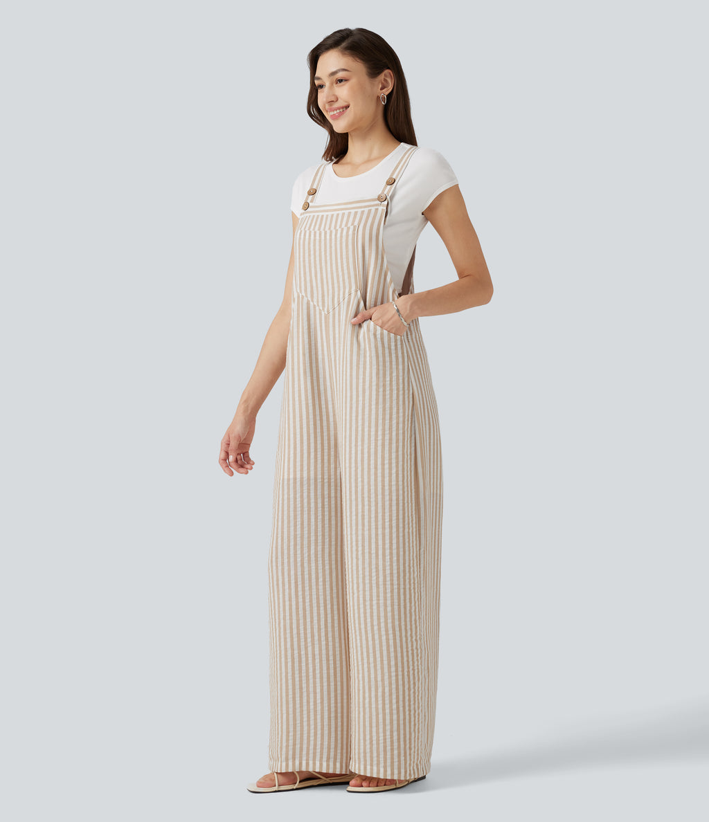 Stripe Casual Linen-Feel Dungarees with Pockets — Oatline — view 3
