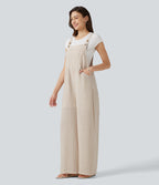 Stripe Casual Linen-Feel Dungarees with Pockets — Oatline — view 3
