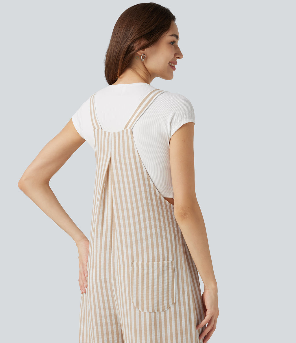 Stripe Casual Linen-Feel Dungarees with Pockets — Oatline — view 7