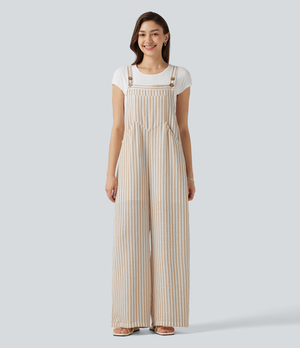 Stripe Casual Linen-Feel Dungarees with Pockets — Oatline — view 1