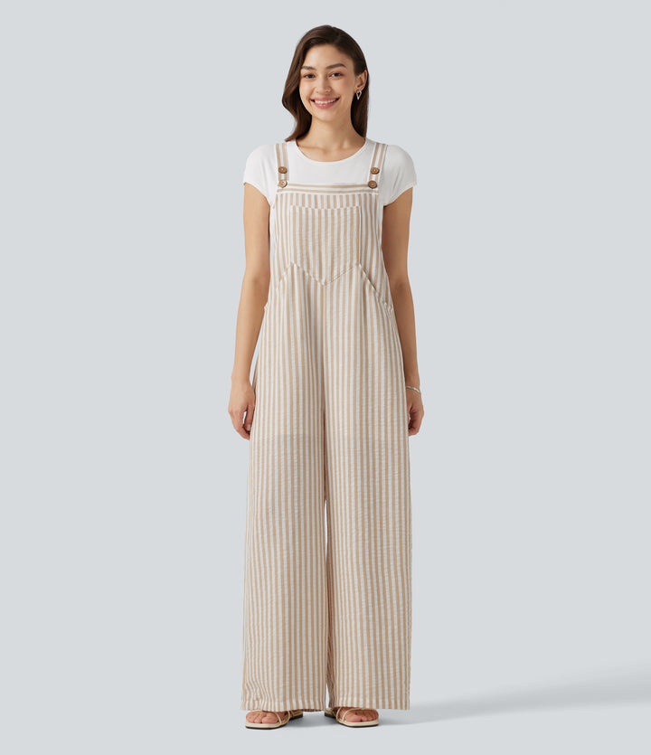 Stripe Casual Linen-Feel Dungarees with Pockets — Oatline — view 1
