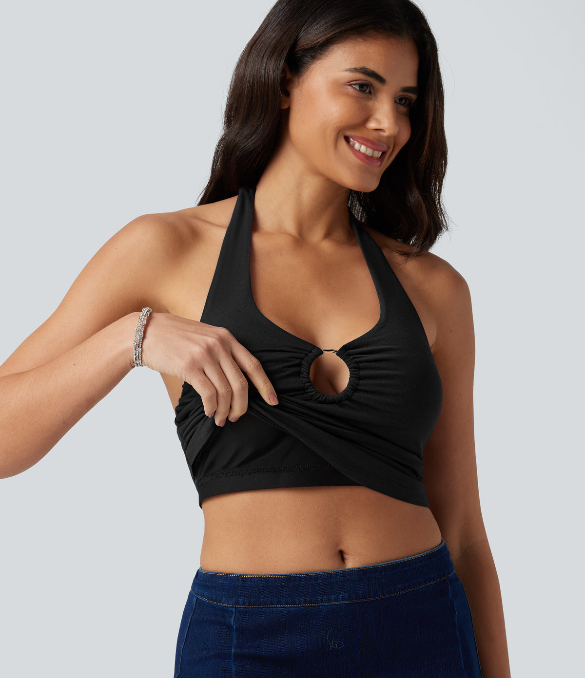 Halter Tie Back Built-in Bra Ruched Casual Tank Top — Black — view 5