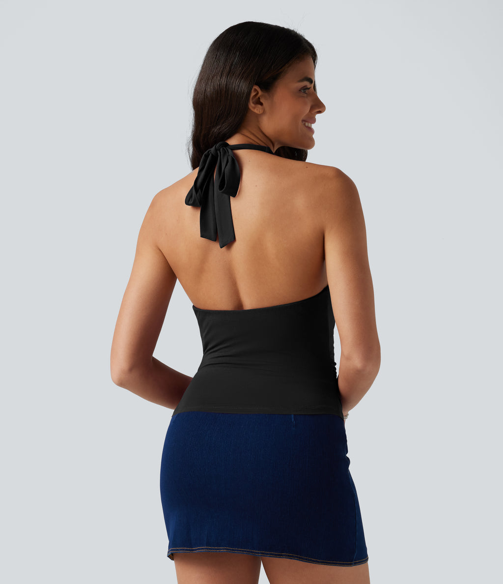 Halter Tie Back Built-in Bra Ruched Casual Tank Top — Black — view 2