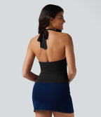 Halter Tie Back Built-in Bra Ruched Casual Tank Top — Black — view 2