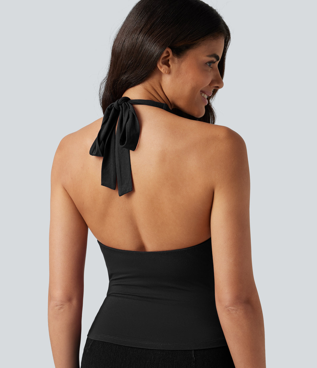 Halter Tie Back Built-in Bra Ruched Casual Tank Top — Black — view 6