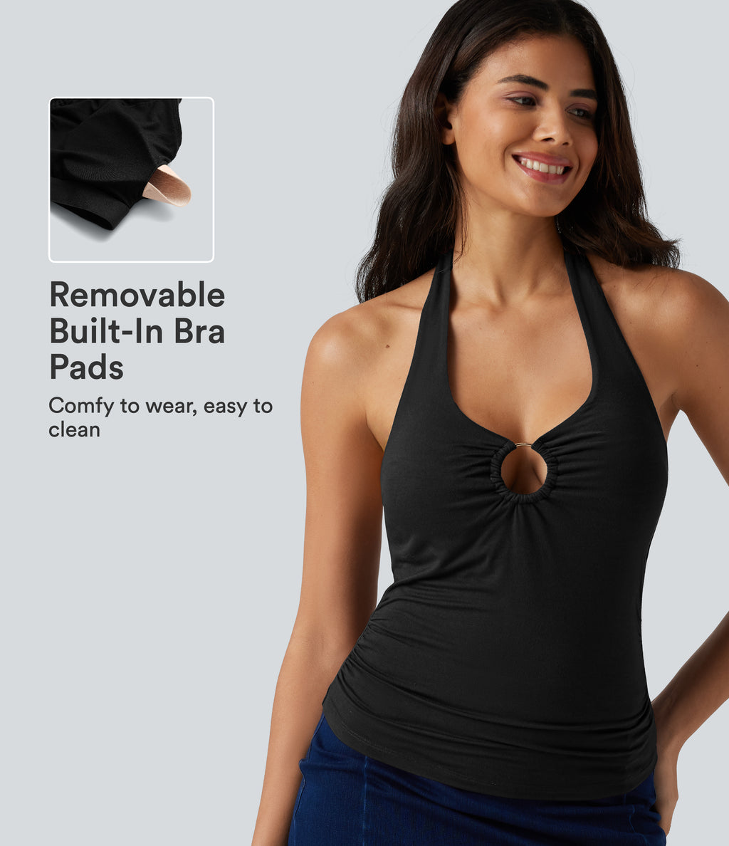 Halter Tie Back Built-in Bra Ruched Casual Tank Top — Black — view 1