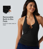 Halter Tie Back Built-in Bra Ruched Casual Tank Top — Black — view 1