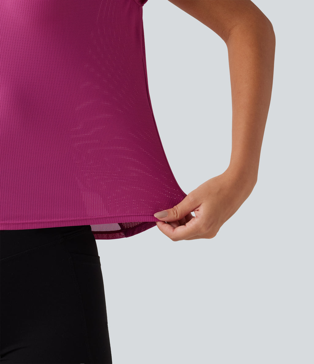 Round Neck Short Sleeve Contrast Mesh Yoga Sports Top — Fuchsia Red — view 6