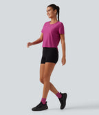 Round Neck Short Sleeve Contrast Mesh Yoga Sports Top — Fuchsia Red — view 7