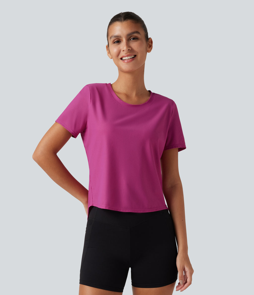 Round Neck Short Sleeve Contrast Mesh Yoga Sports Top — Fuchsia Red — view 2
