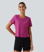Round Neck Short Sleeve Contrast Mesh Yoga Sports Top — Fuchsia Red — view 2