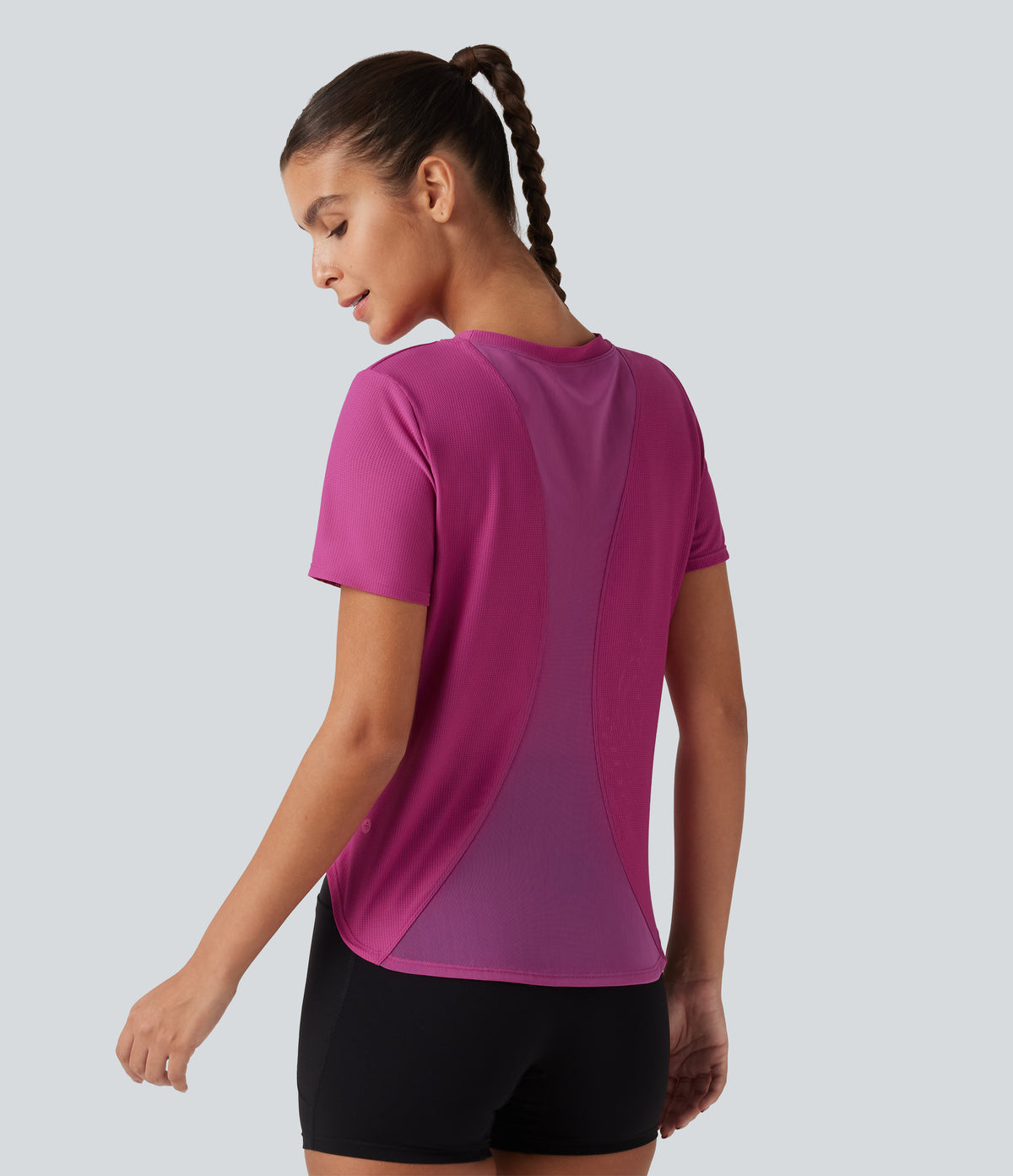 Round Neck Short Sleeve Contrast Mesh Yoga Sports Top — Fuchsia Red — view 4