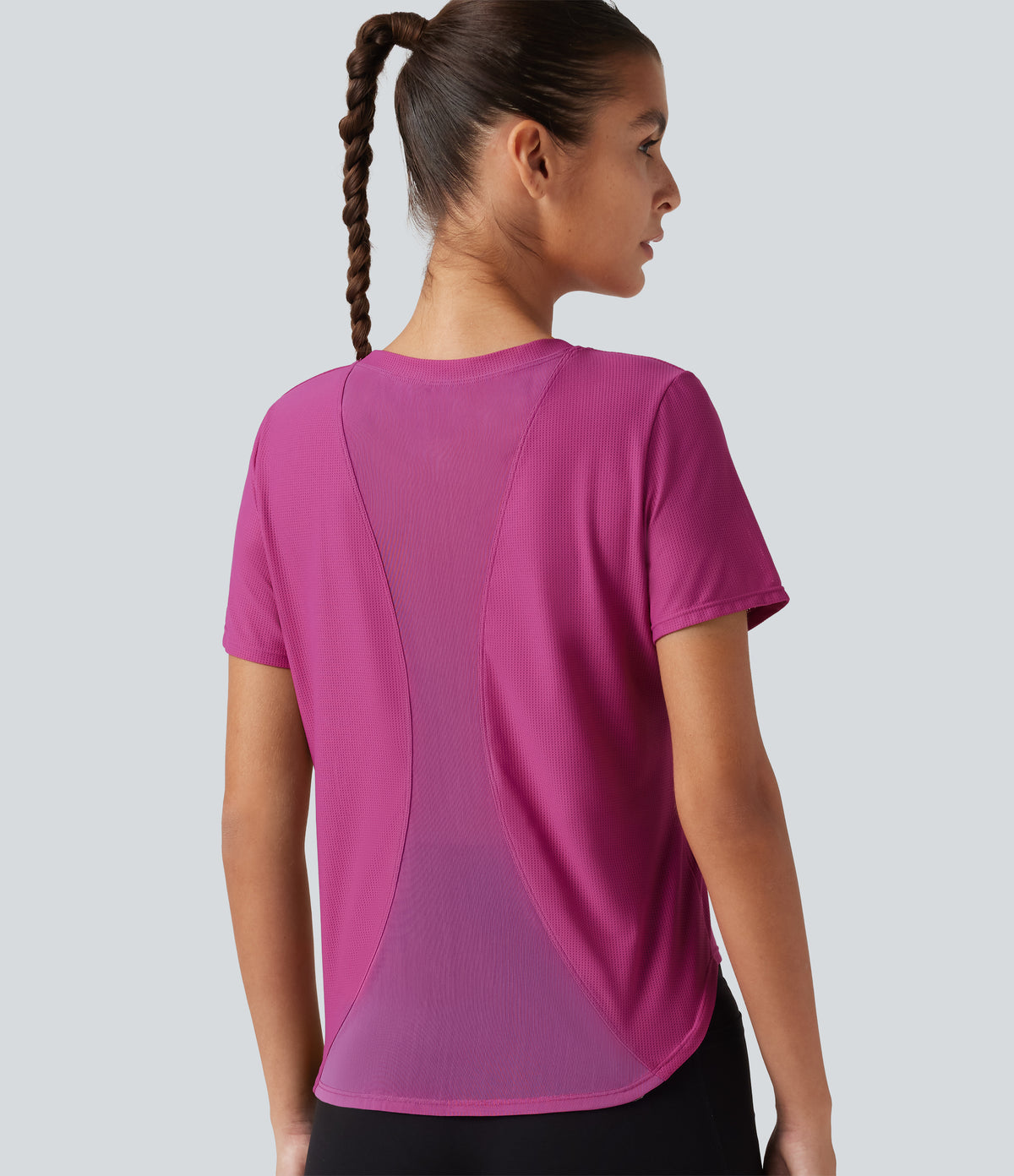 Round Neck Short Sleeve Contrast Mesh Yoga Sports Top — Fuchsia Red — view 1