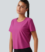 Round Neck Short Sleeve Contrast Mesh Yoga Sports Top — Fuchsia Red — view 5