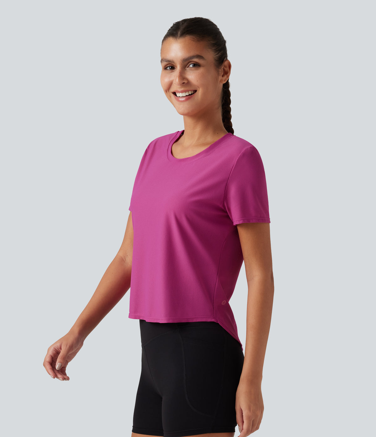 Round Neck Short Sleeve Contrast Mesh Yoga Sports Top — Fuchsia Red — view 3