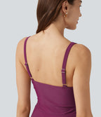 Deep V Neck Sleeveless Built-in Bra Tummy Control 2-in-1 One-Piece Swimsuit — Rose Violet — view 4