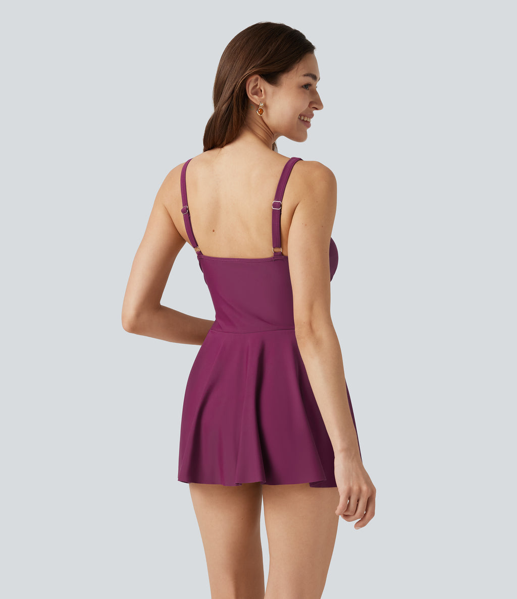 Deep V Neck Sleeveless Built-in Bra Tummy Control 2-in-1 One-Piece Swimsuit — Rose Violet — view 2