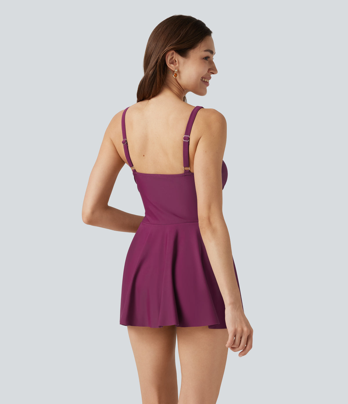 Deep V Neck Sleeveless Built-in Bra Tummy Control 2-in-1 One-Piece Swimsuit — Rose Violet — view 2