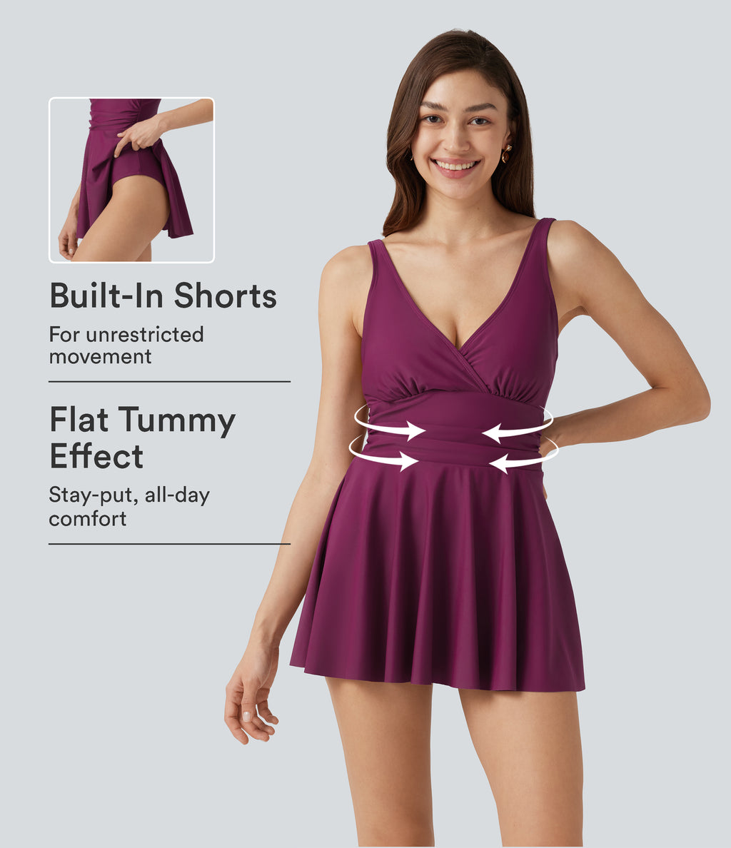Deep V Neck Sleeveless Built-in Bra Tummy Control 2-in-1 One-Piece Swimsuit — Rose Violet — view 1