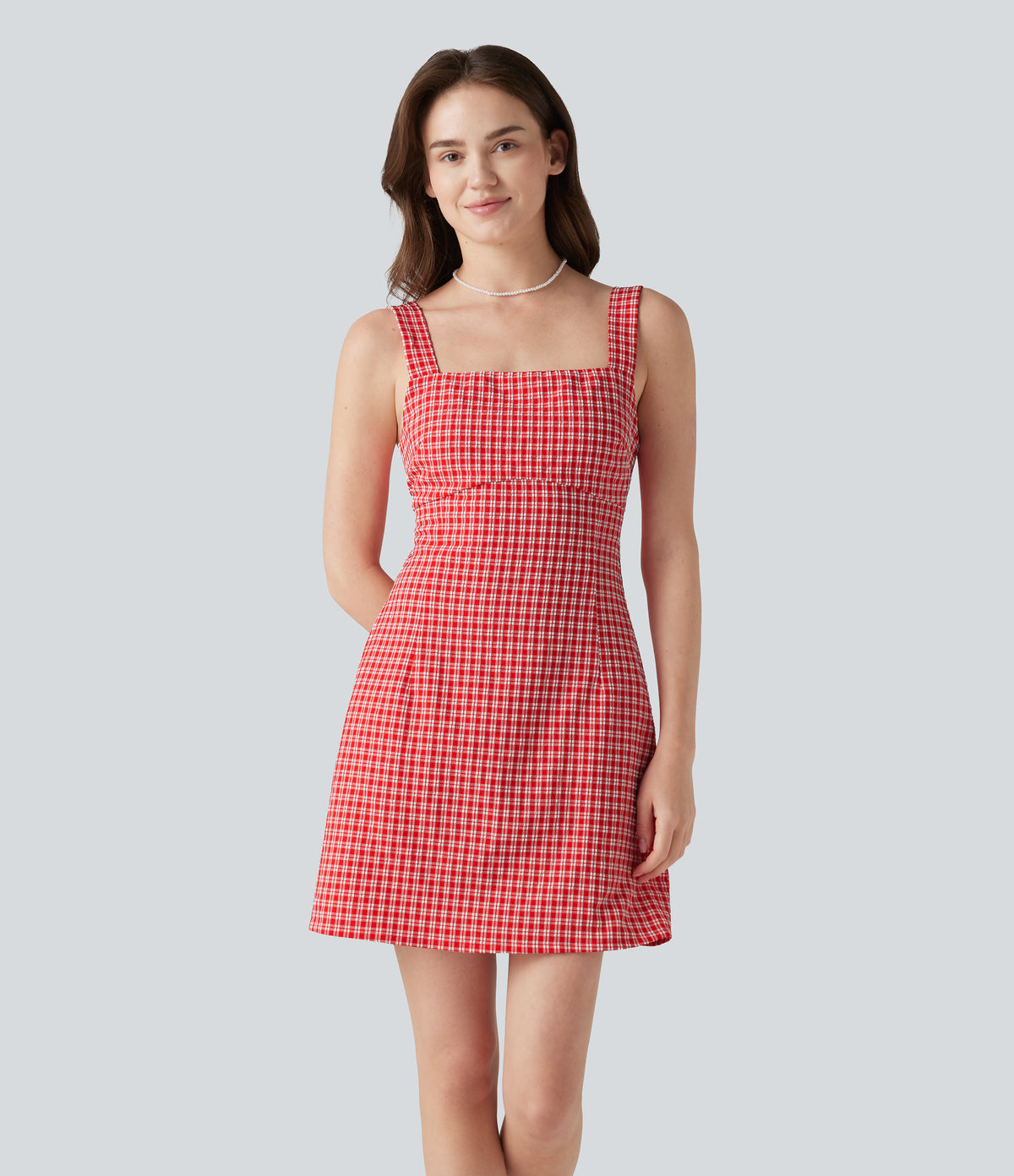Square Neck Tie Back Gingham Mini Casual Dress with Pockets — Cherry Crush — view 2