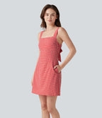 Square Neck Tie Back Gingham Mini Casual Dress with Pockets — Cherry Crush — view 3