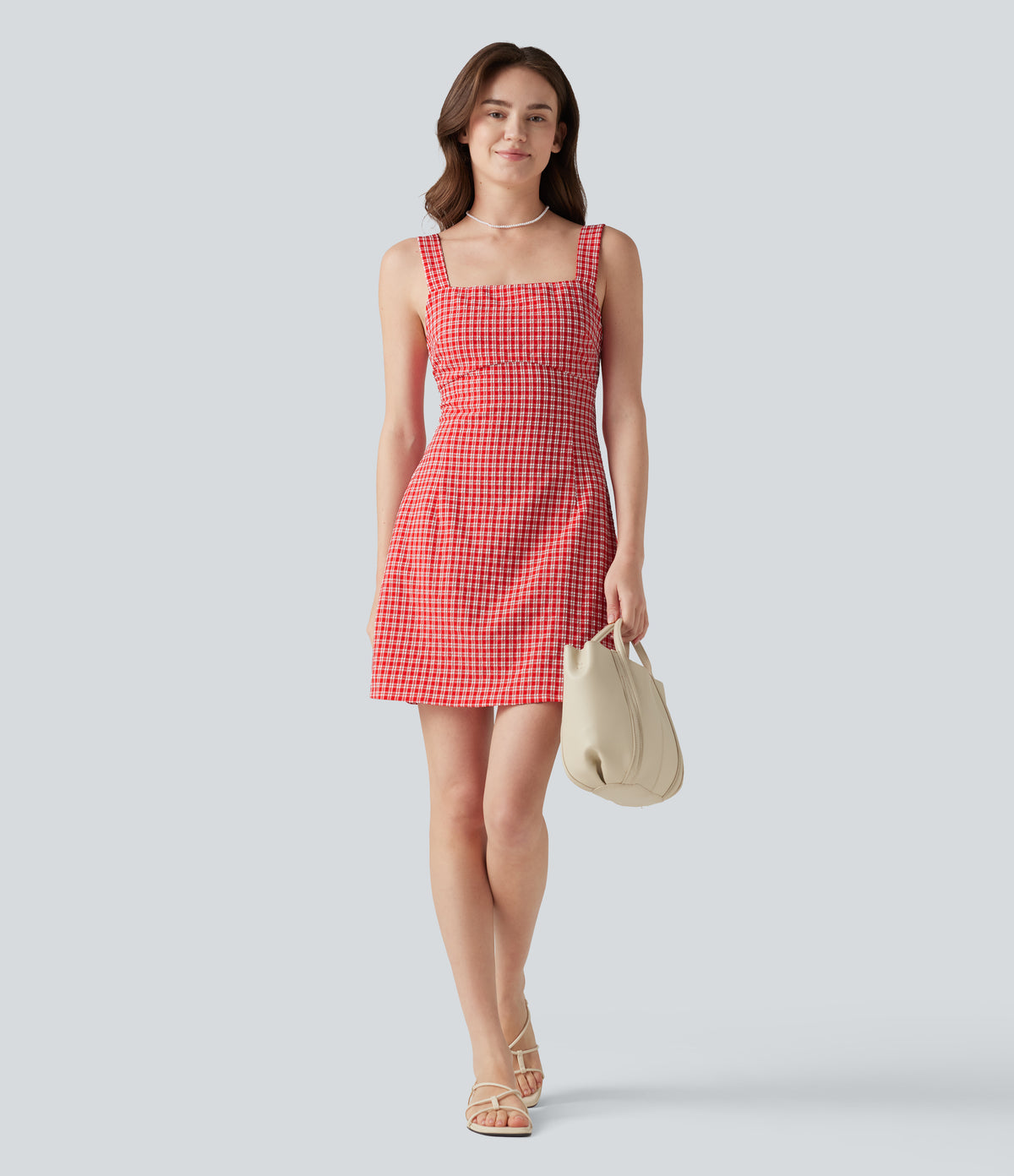 Square Neck Tie Back Gingham Mini Casual Dress with Pockets — Cherry Crush — view 8