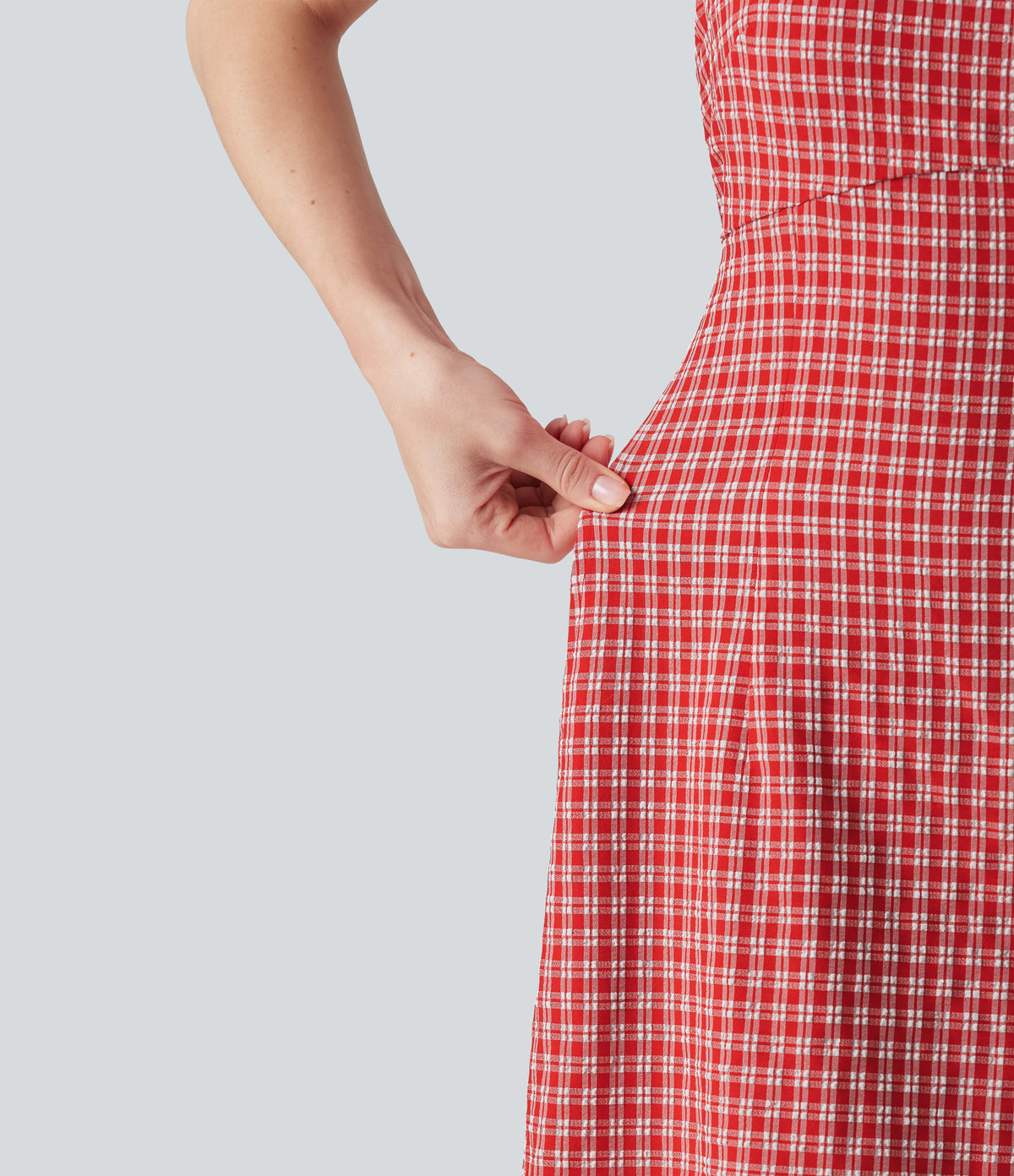 Square Neck Tie Back Gingham Mini Casual Dress with Pockets — Cherry Crush — view 7