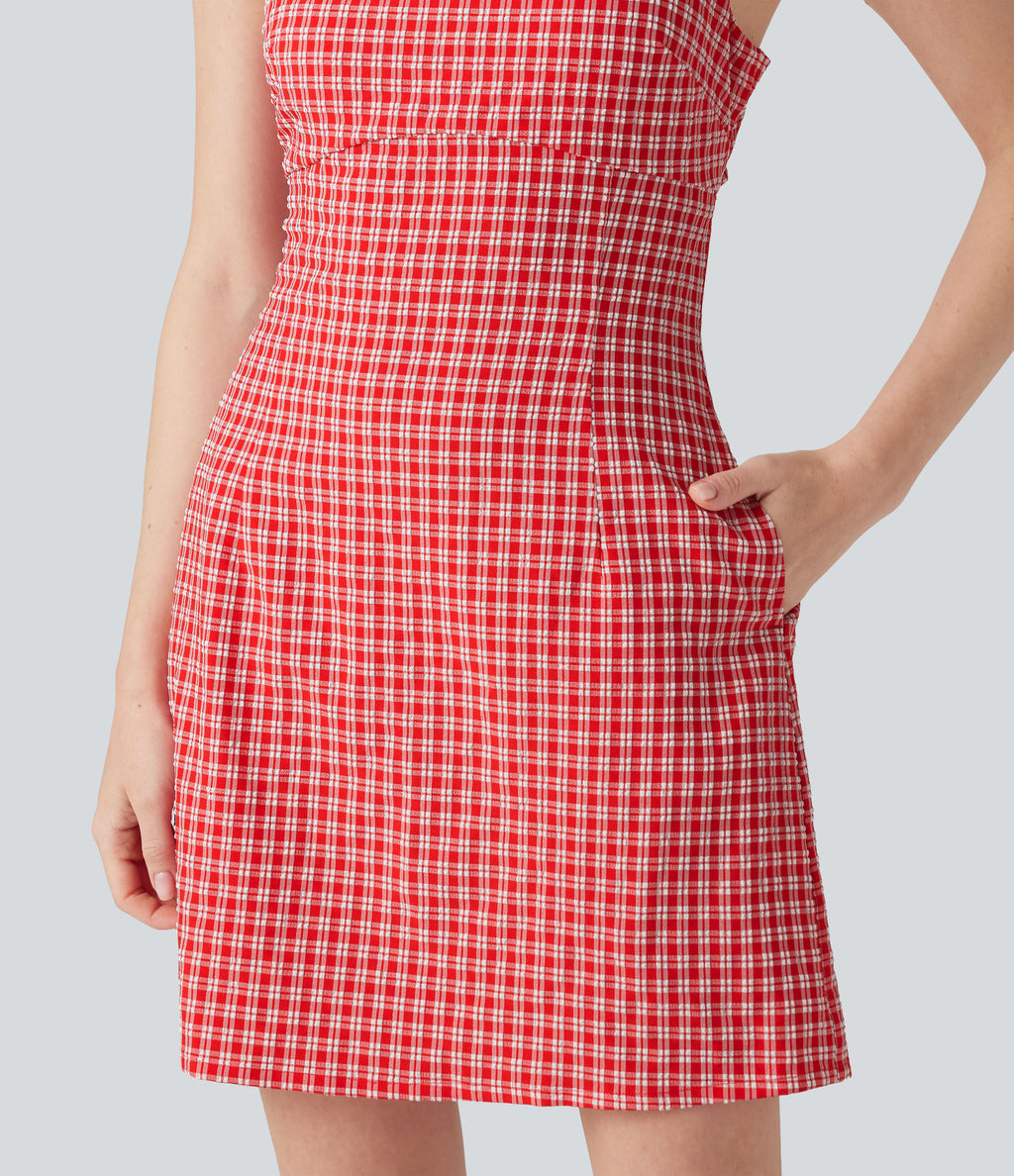 Square Neck Tie Back Gingham Mini Casual Dress with Pockets — Cherry Crush — view 6