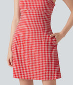 Square Neck Tie Back Gingham Mini Casual Dress with Pockets — Cherry Crush — view 6