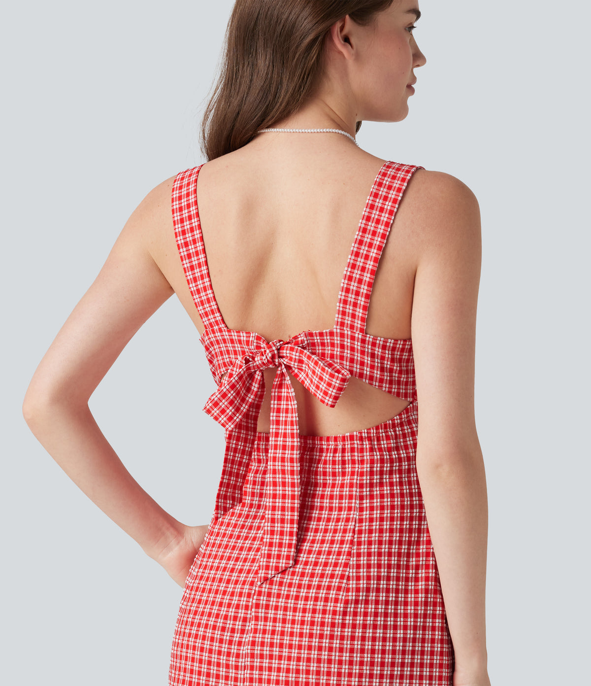 Square Neck Tie Back Gingham Mini Casual Dress with Pockets — Cherry Crush — view 4