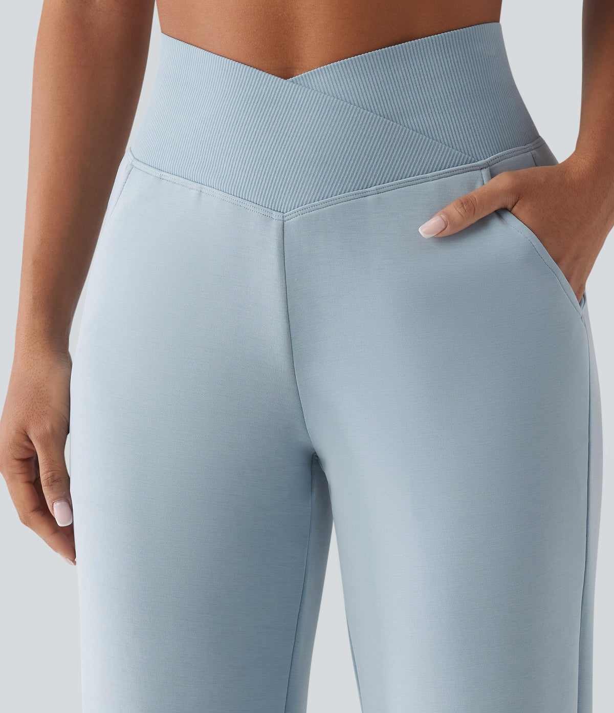 SpacerTek High Waisted Crossover Tummy Control Straight Leg Casual Trousers with Pockets — Dusty Blue — view 4