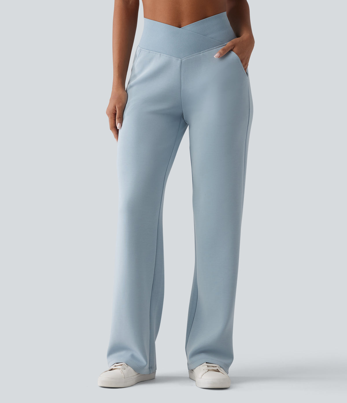 SpacerTek High Waisted Crossover Tummy Control Straight Leg Casual Trousers with Pockets — Dusty Blue — view 3
