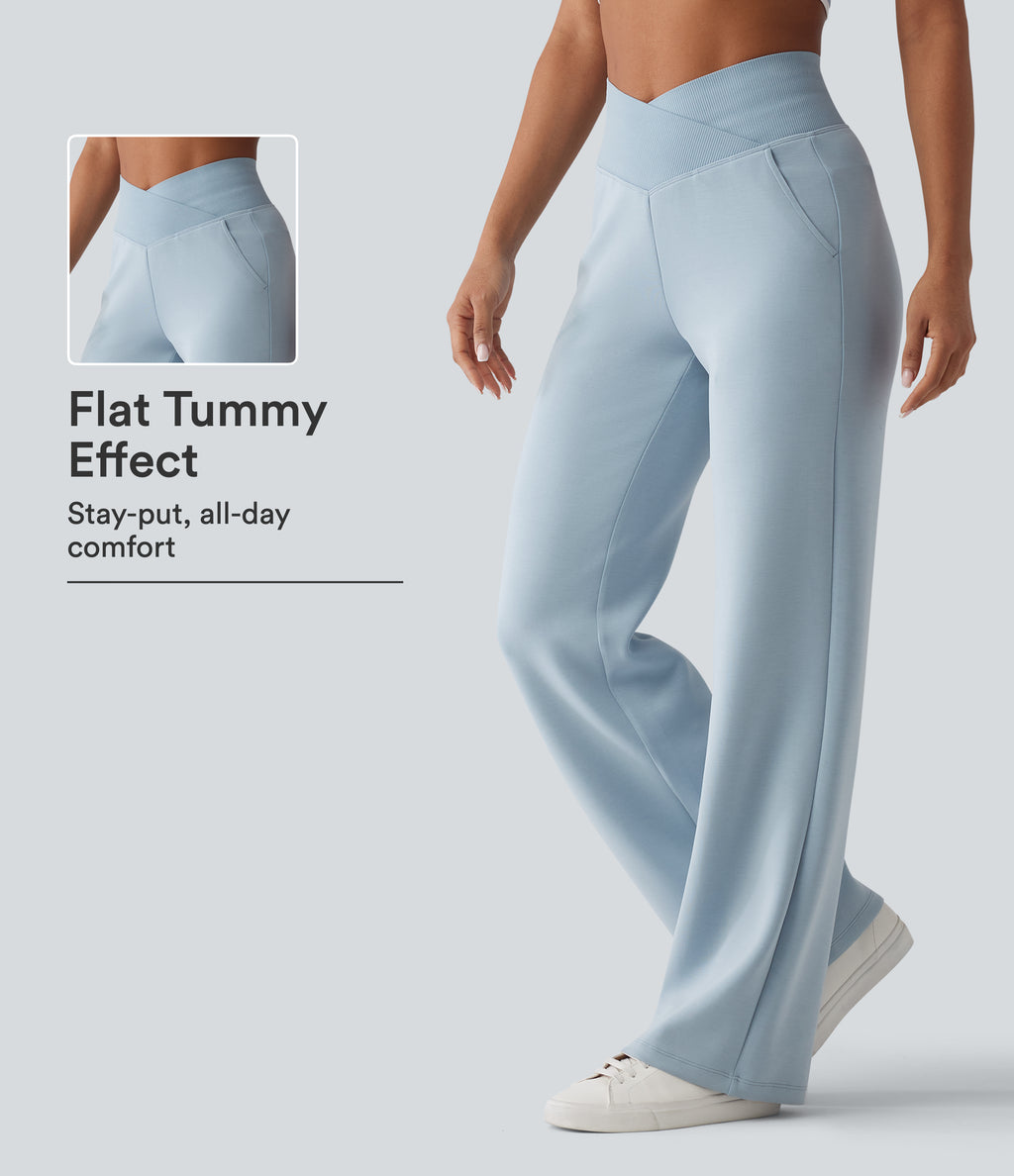 SpacerTek High Waisted Crossover Tummy Control Straight Leg Casual Trousers with Pockets — Dusty Blue — view 1