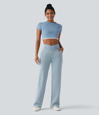 SpacerTek High Waisted Crossover Tummy Control Straight Leg Casual Trousers with Pockets — Dusty Blue — view 6