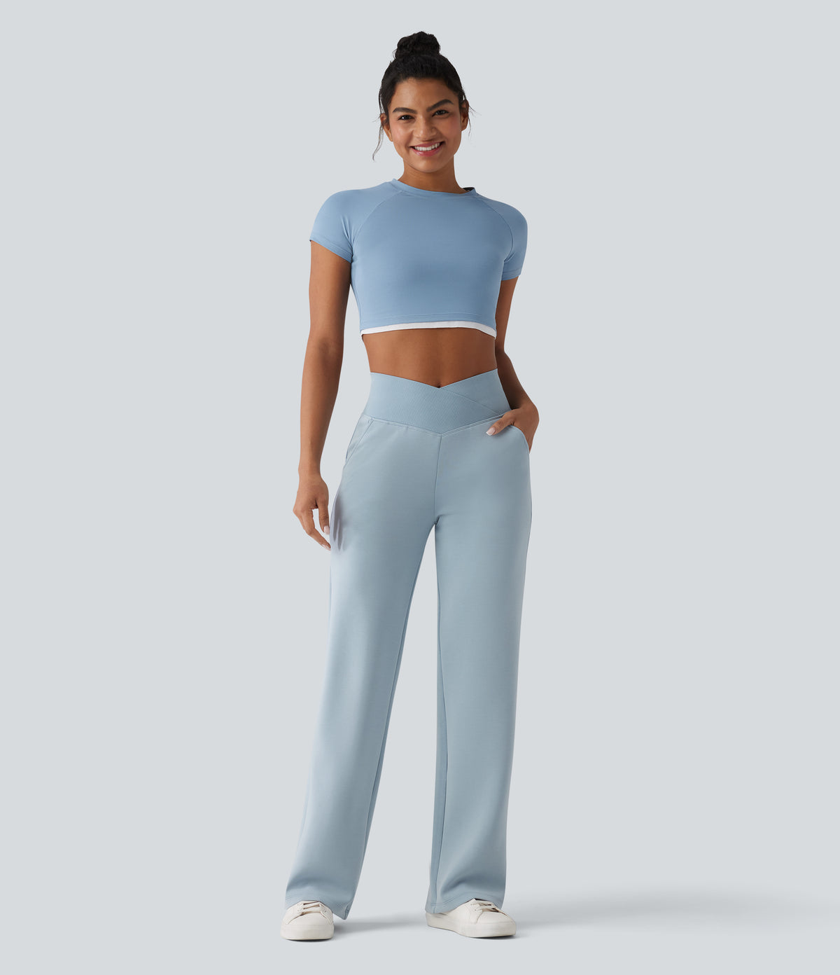 SpacerTek High Waisted Crossover Tummy Control Straight Leg Casual Trousers with Pockets — Dusty Blue — view 6