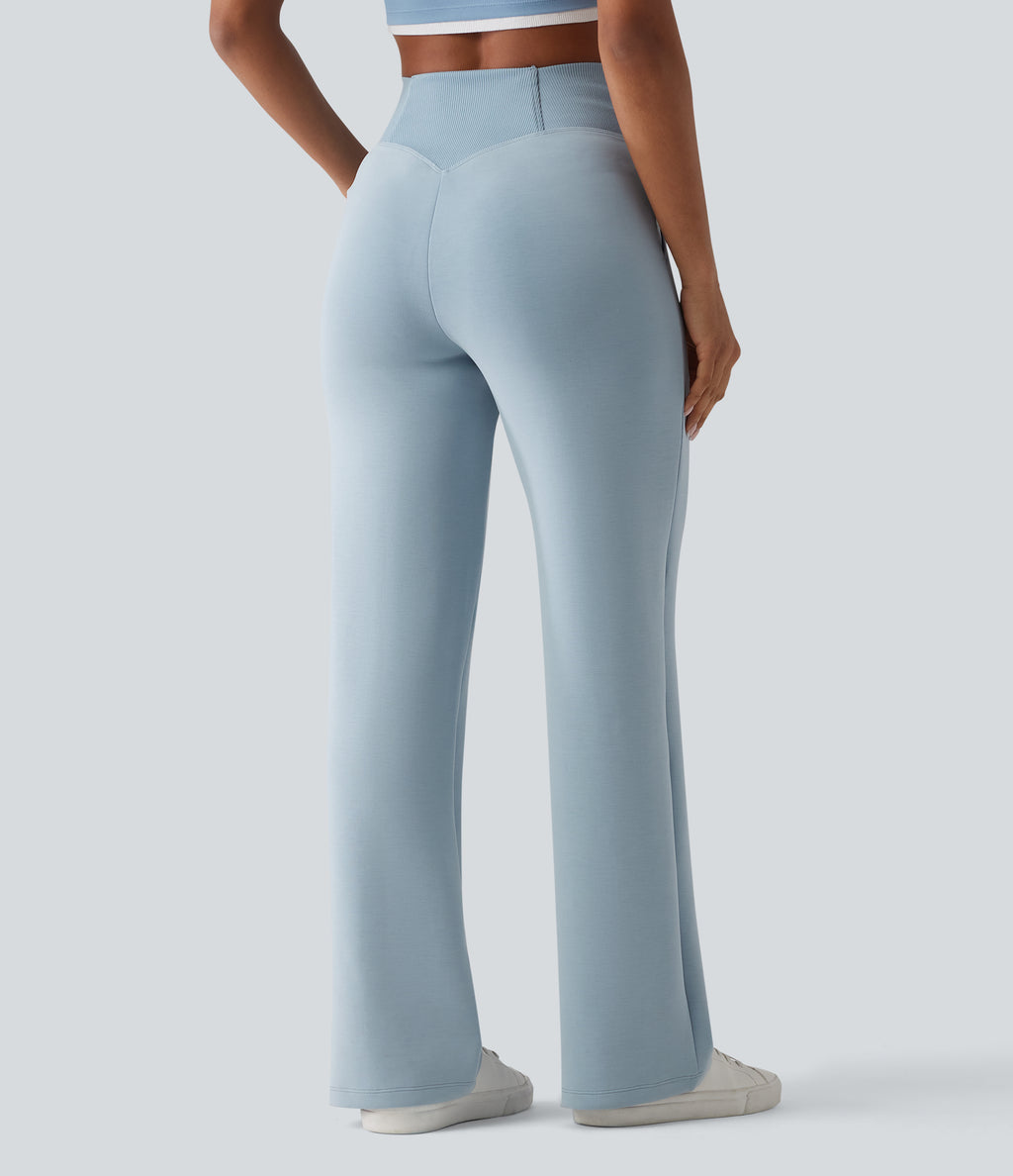 SpacerTek High Waisted Crossover Tummy Control Straight Leg Casual Trousers with Pockets — Dusty Blue — view 2