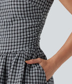 Gingham Boat Neck Sleeveless Invisible Zipper Ruched Mini Casual A-Line Dress with Pockets — Monochrome Check — view 6