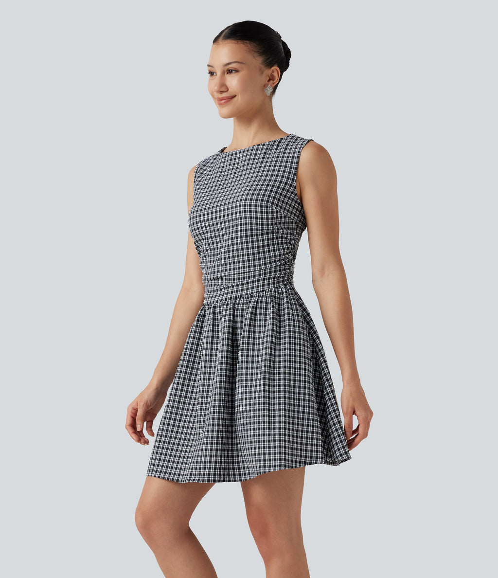 Gingham Boat Neck Sleeveless Invisible Zipper Ruched Mini Casual A-Line Dress with Pockets — Monochrome Check — view 1
