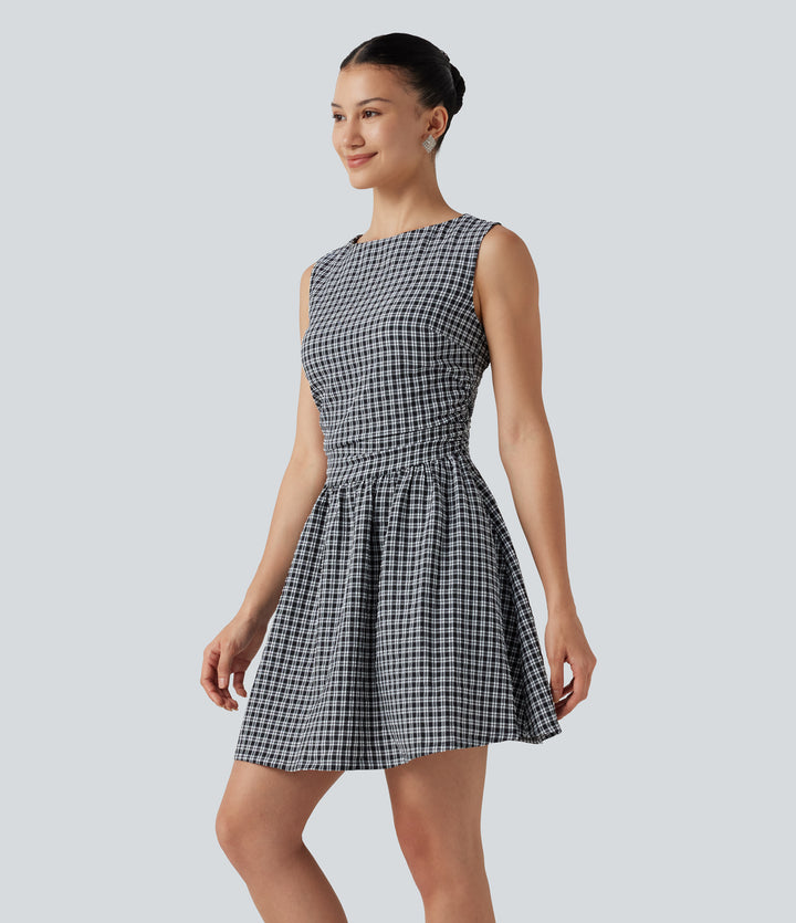 Gingham Boat Neck Sleeveless Invisible Zipper Ruched Mini Casual A-Line Dress with Pockets — Monochrome Check — view 1
