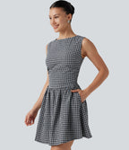 Gingham Boat Neck Sleeveless Invisible Zipper Ruched Mini Casual A-Line Dress with Pockets — Monochrome Check — view 4