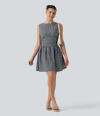 Gingham Boat Neck Sleeveless Invisible Zipper Ruched Mini Casual A-Line Dress with Pockets — Monochrome Check — view 8