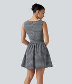 Gingham Boat Neck Sleeveless Invisible Zipper Ruched Mini Casual A-Line Dress with Pockets — Monochrome Check — view 2