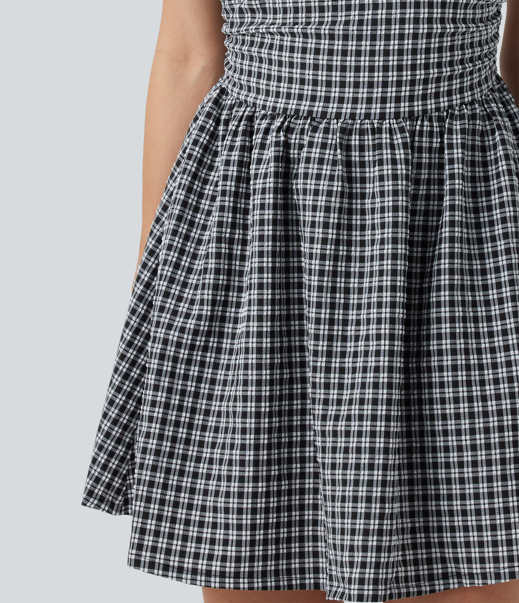 Gingham Boat Neck Sleeveless Invisible Zipper Ruched Mini Casual A-Line Dress with Pockets — Monochrome Check — view 7