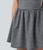 Gingham Boat Neck Sleeveless Invisible Zipper Ruched Mini Casual A-Line Dress with Pockets — Monochrome Check — view 7