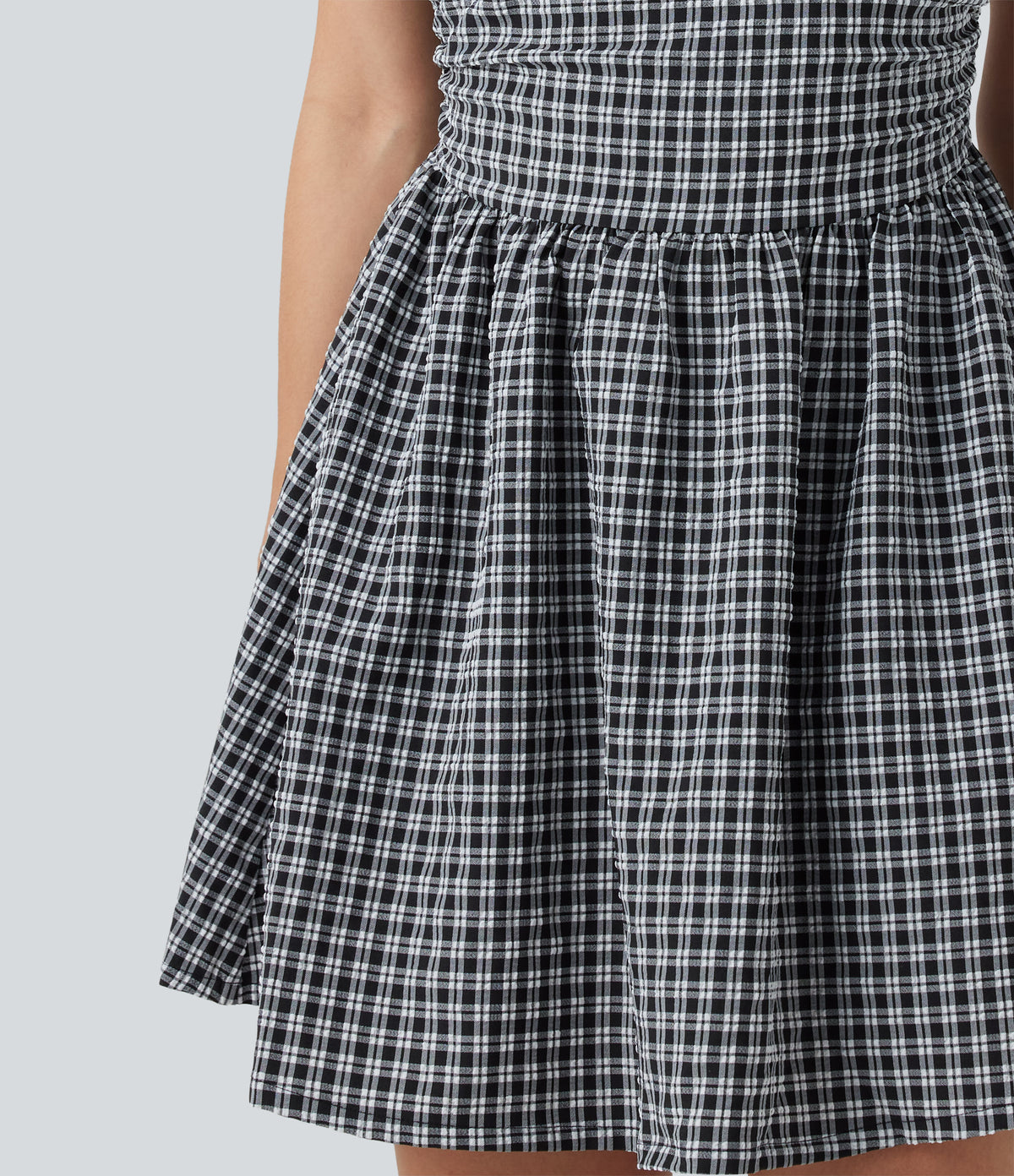 Gingham Boat Neck Sleeveless Invisible Zipper Ruched Mini Casual A-Line Dress with Pockets — Monochrome Check — view 7