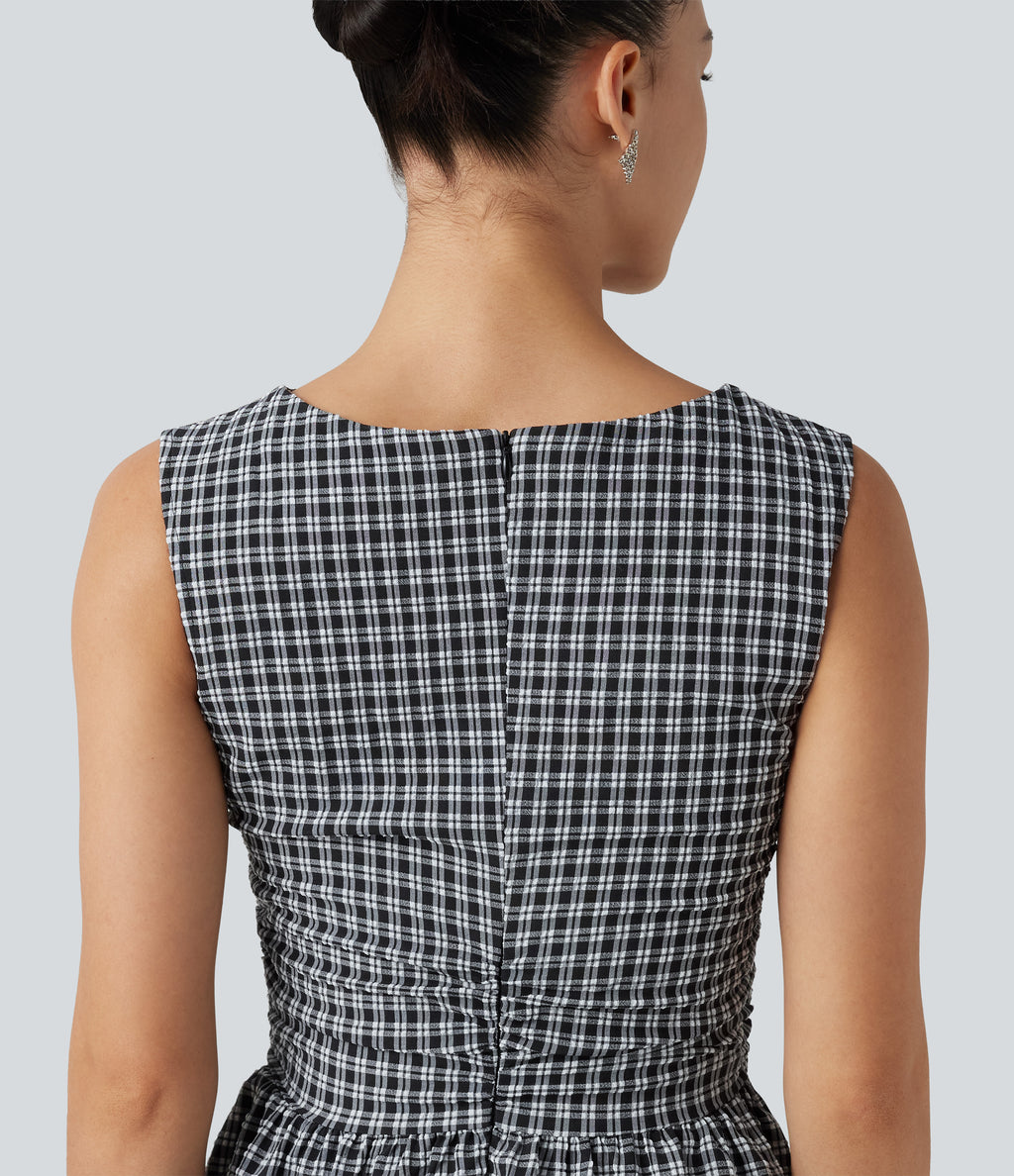 Gingham Boat Neck Sleeveless Invisible Zipper Ruched Mini Casual A-Line Dress with Pockets — Monochrome Check — view 5